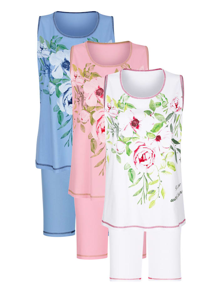 Harmony Krátké pyžamo - 3 kusy s kontrastními švy, Bílá/Růžová/Svetle modrá