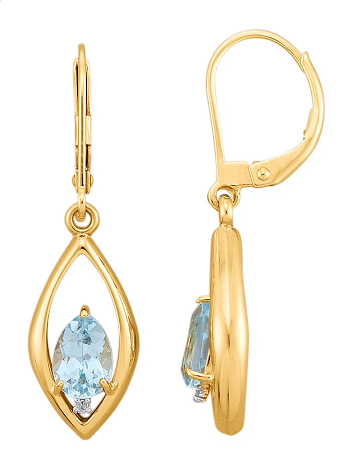Boucles d'oreilles en or jaune 375, avec topaze bleue et diamants, Or jaune