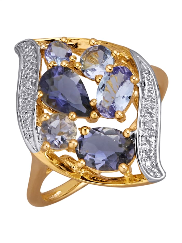KLiNGEL Damenring mit Edelsteinen und Diamanten in Silber 925, Gelbgoldfarben