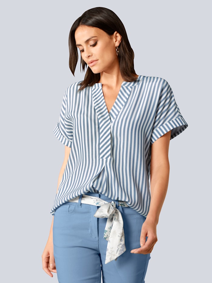 Alba Moda Blusenshirt allover im zweifarbigen Streifendessin, Blau/Off-white