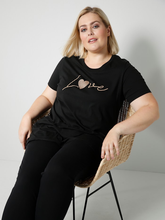 Sara Lindholm Shirt mit Love-Print, Schwarz/Beige
