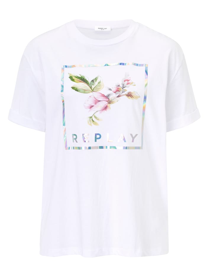 REPLAY T-Shirt mit Blumenprint, Off-white