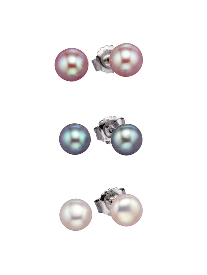 3 paires de boucles d'oreilles en argent 925, avec perles de culture d'eau douce, Argent