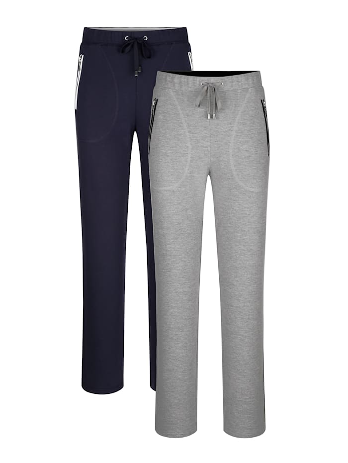 Blue Moon Pantalons de loisirs par lot de 2 à passepoil contrastant côtés, Marine/Gris