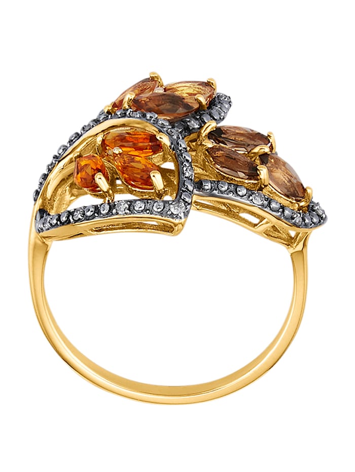 Blatt-Ring mit Farbsteinen und braunen Diamanten