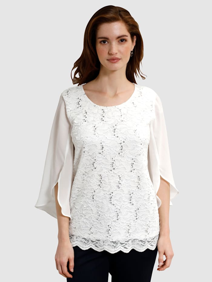 m. collection Spitzenshirt mit raffinierten Chiffonärmeln, Off-white