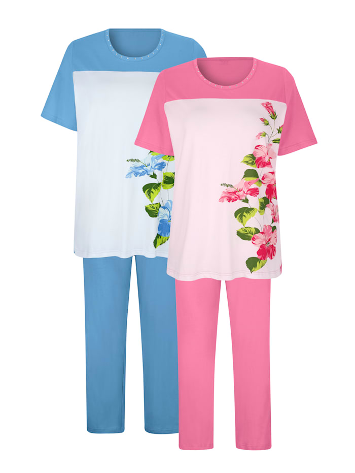 Harmony Schlafanzug im 2er Pack mit hübschem Druck, Pink/Blau/Ecru