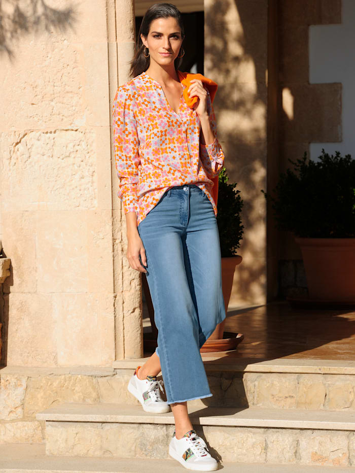 Alba Moda Lange blouse met plooi voor, Oranje/Pink/Lichtblauw