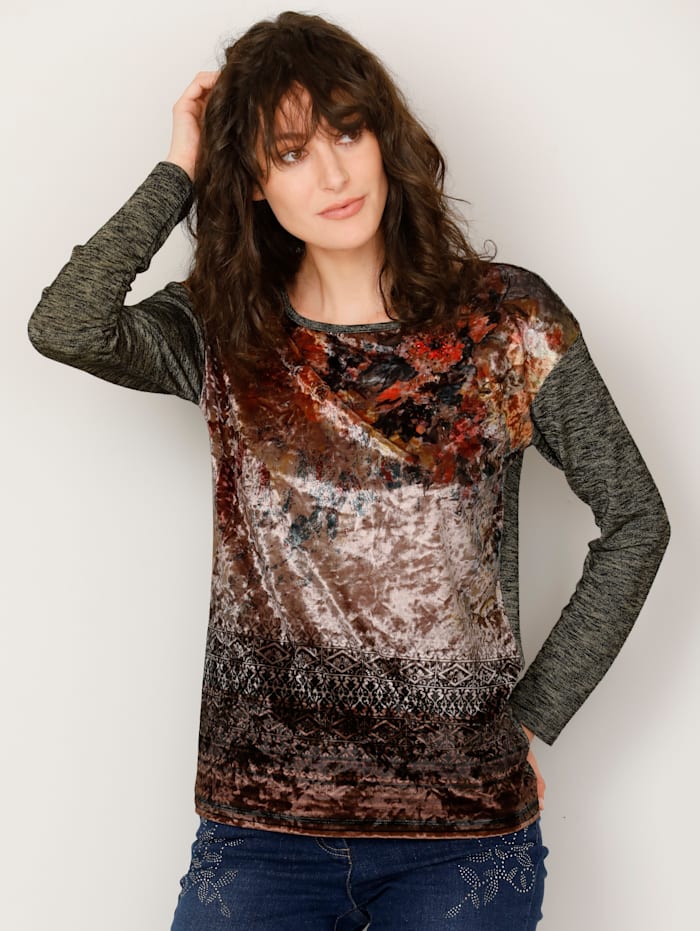 Paola Shirt aus bedrucktem Pannesamt, Oliv
