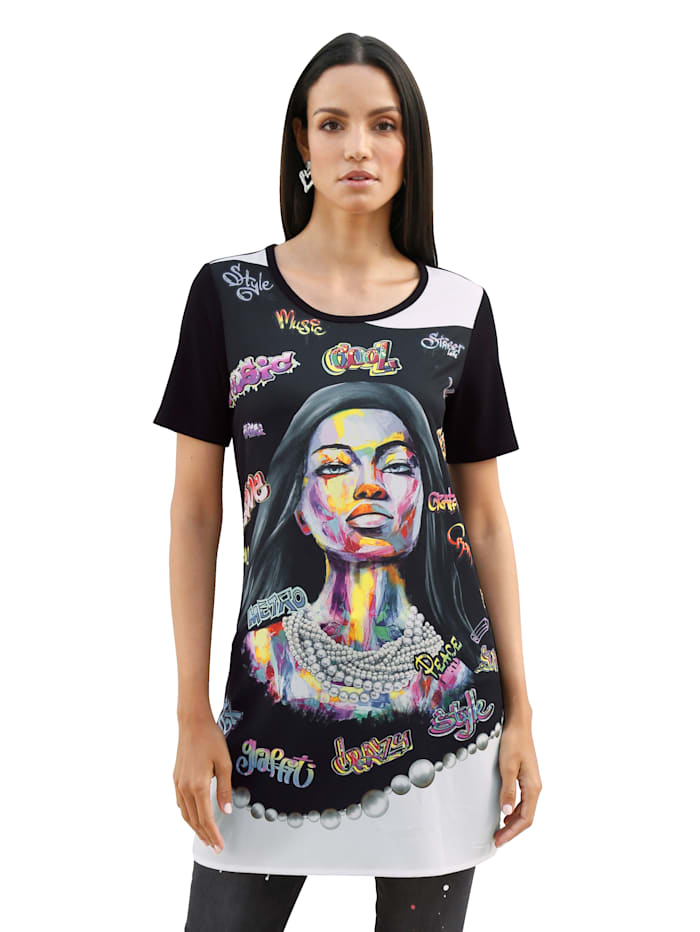 AMY VERMONT T-shirt long à motif coloré devant, Noir/Multicolore