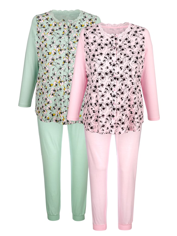 Harmony Pyjamas par lot de 2 à imprimé floral romantique, Vert clair/Rose