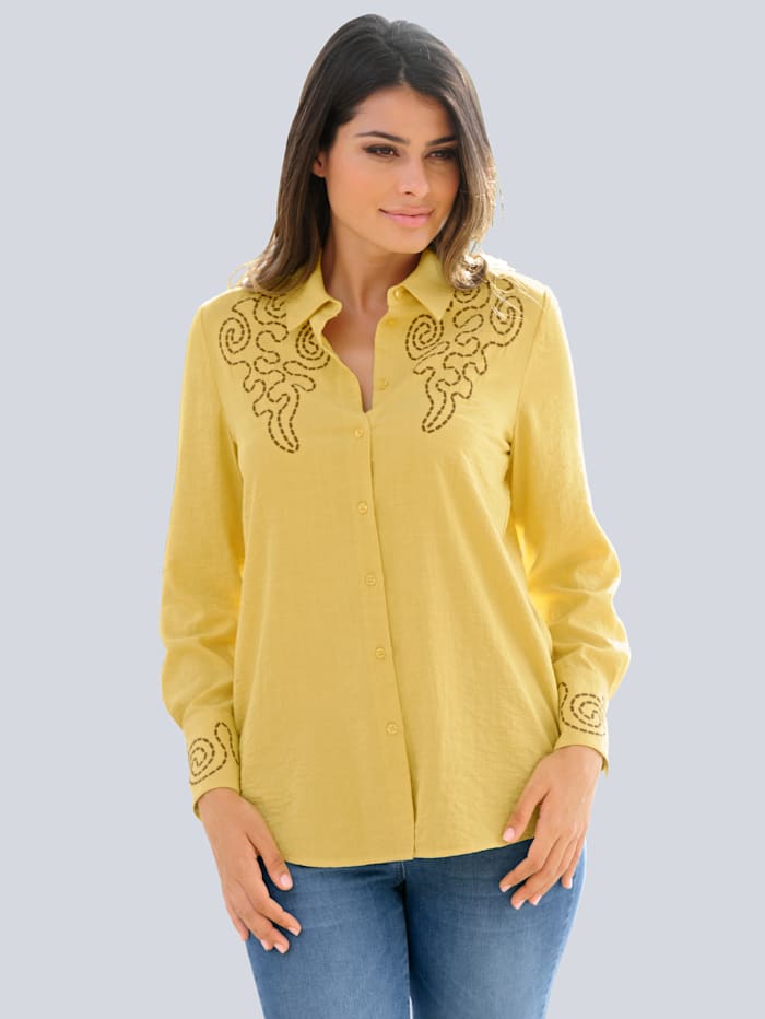 Alba Moda Bluse mit kontrastfarbener Stickerei, Gelb