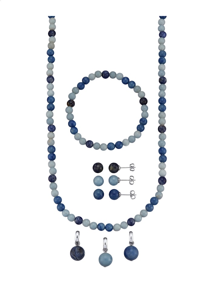 8-delige sieradenset van blauwe sodaliet-, kwarts,- en angelietkralen, Blauw