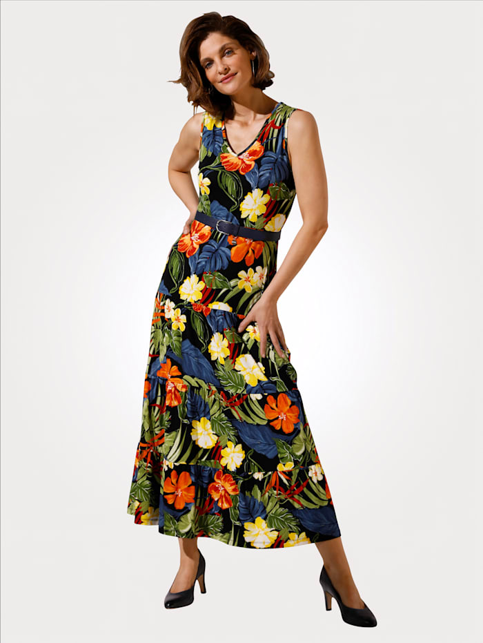 MONA Kleid mit Blätterdruck, Braun/Oliv/Koralle