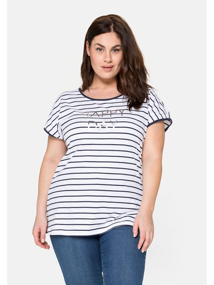 Sheego T-Shirt mit Ringeln und Foliendruck, weiß-marine