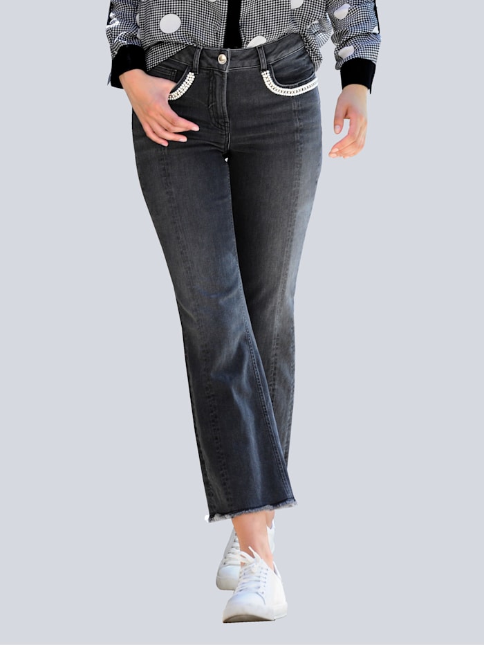 Alba Moda Jeans mit Dekoperlenband am Tascheneingriff, Schwarz