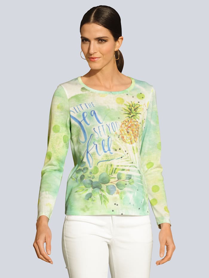 Alba Moda Pullover mit sommerlichen Motiven, Pistaziengrün