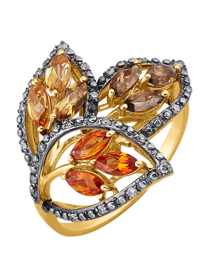 Amara Farbstein Blatt-Ring mit Farbsteinen und braunen Diamanten, Multicolor