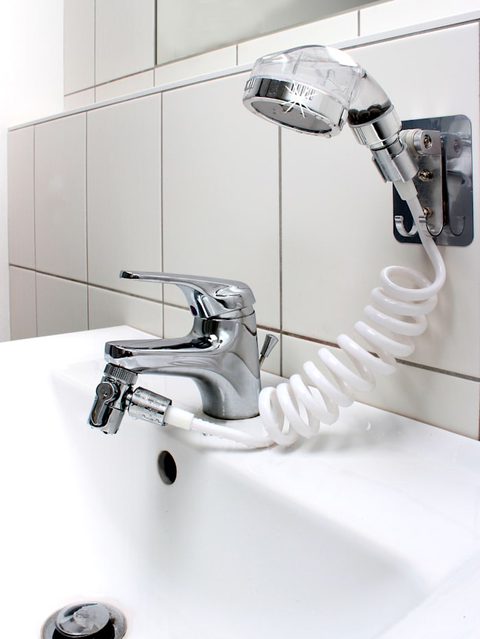 Vital Comfort Douchette pour lavabo avec tuyau spiralé et support mural, Blanc