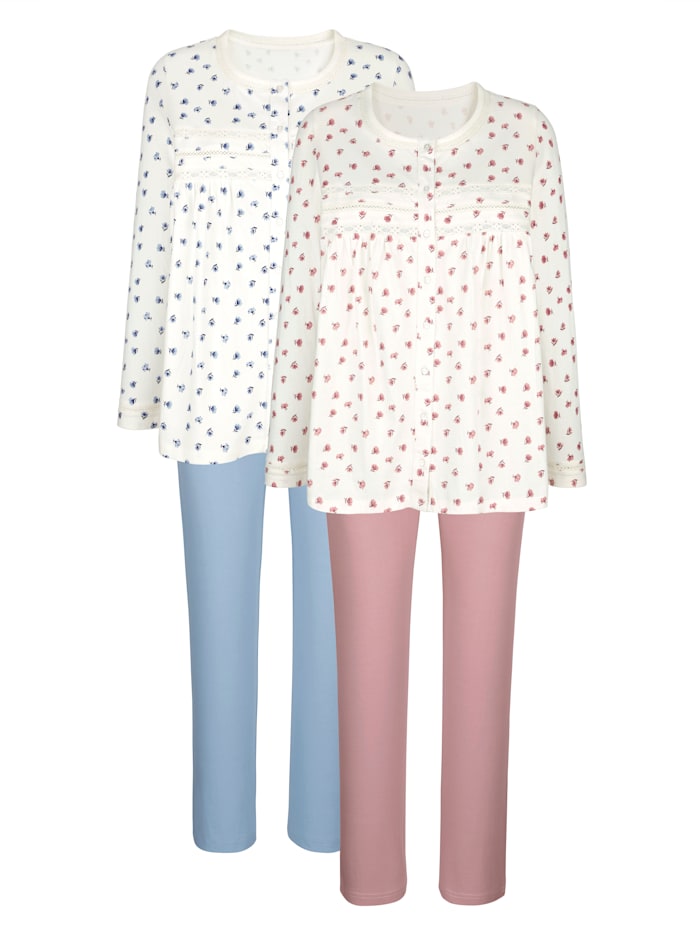 Harmony Pyjama's per 2 stuks met fraaie contrasten en bloemendessin, Ecru/Oudroze/Lichtblauw