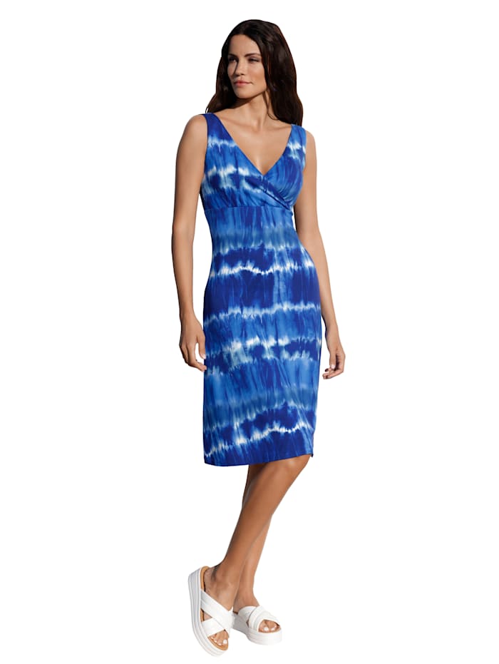 AMY VERMONT Kleid mit effektvollem Batikprint, Blau/Weiß