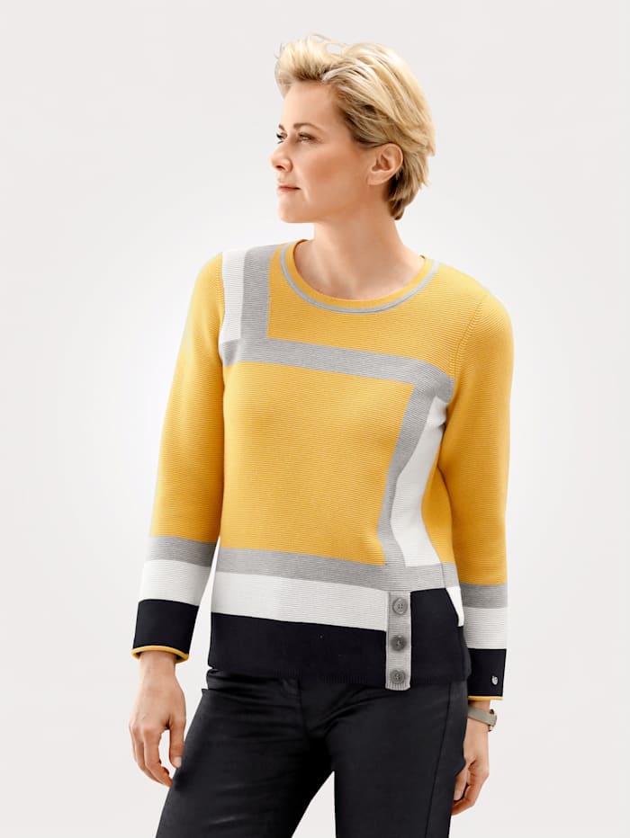 Rabe Pullover mit grafischem Intarsienstrick, Gelb/Weiß/Schwarz
