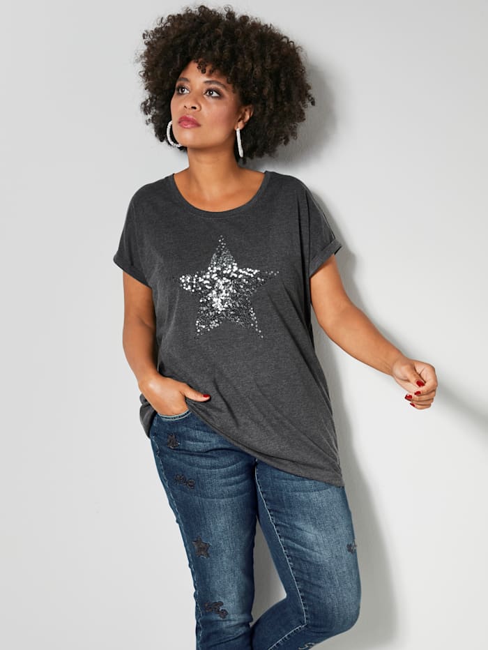 Angel of Style Shirt mit Pailletten-Motiv vorne, Grau