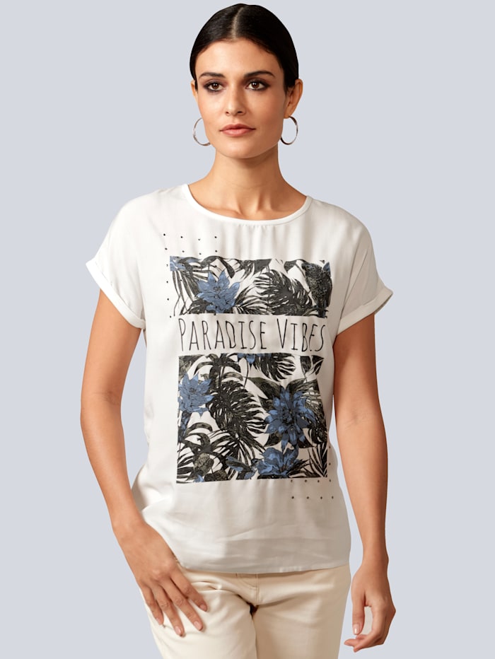 Alba Moda Shirt mit Motiv und Pailletten, Ecru/Khaki/Blau