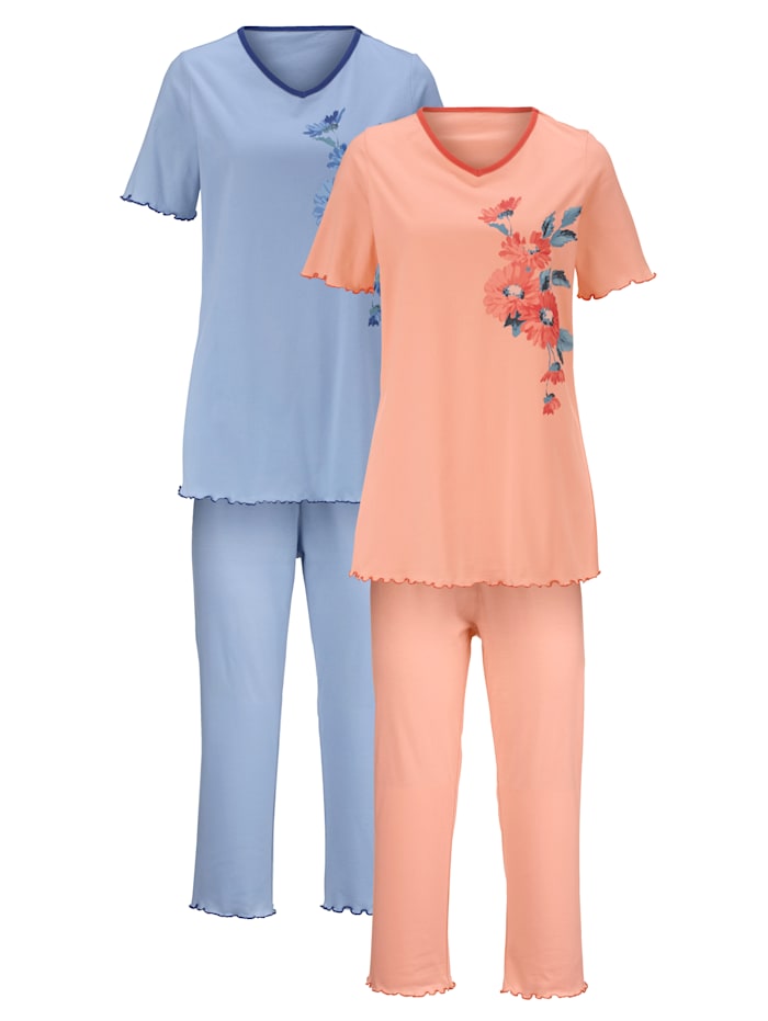 Harmony Pyjamas par lot de 2 à passepoil contrastant, Abricot/Bleu ciel