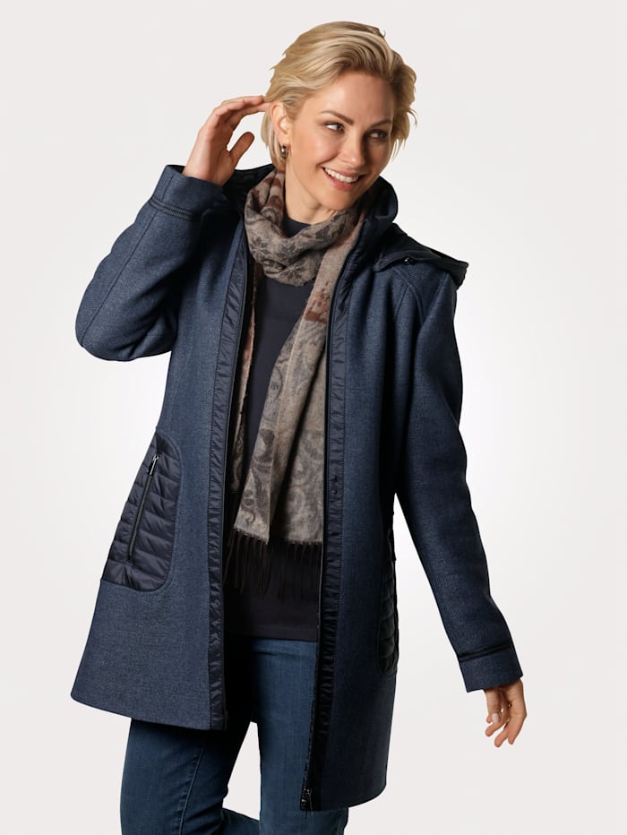Barbara Lebek Vlnený kabát s trendovými prešívanými vsadkami, modrá