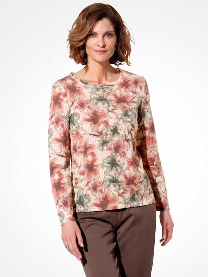 MONA Pullover mit Blumenmuster, Apricot/Oliv