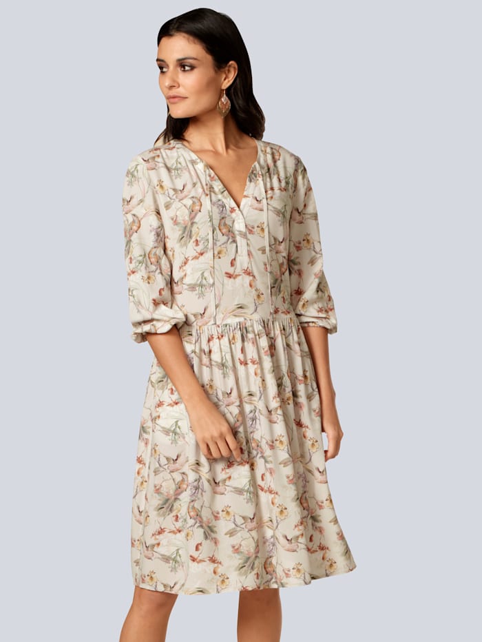 Alba Moda Kleid mit filigranem Druck mit Vögeln, Beige/Khaki