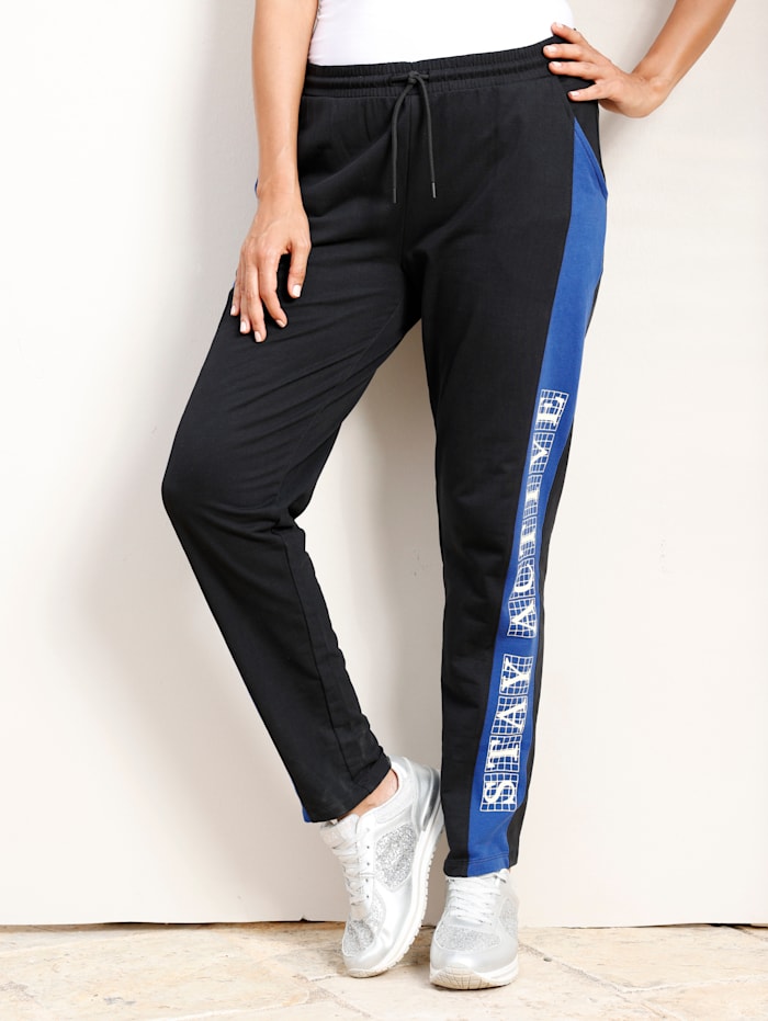 MIAMODA Jogginghose mit seitlichem Streifen und Print, Schwarz/Royalblau