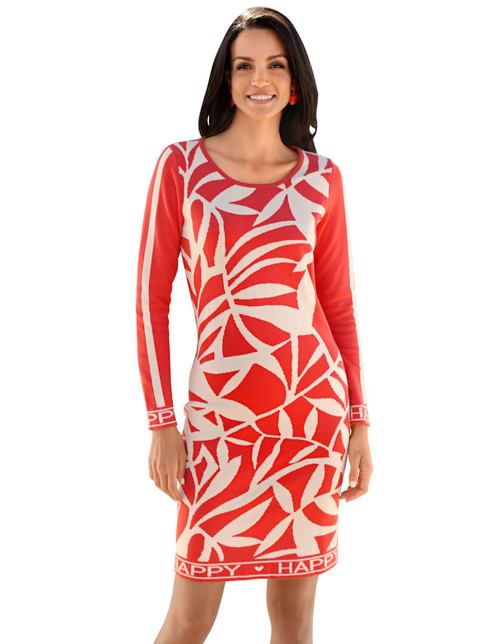 AMY VERMONT Gebreide jurk met bladerenpatroon, Oranje/Beige