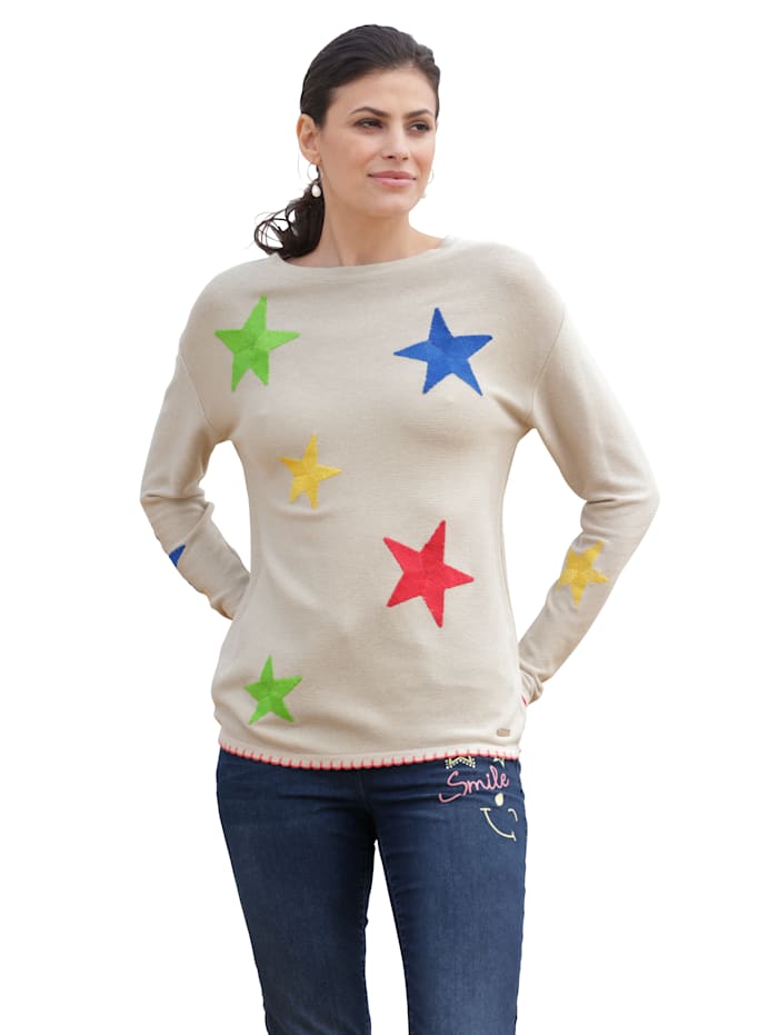 AMY VERMONT Pullover mit Stern-Stickerei, Beige/Multicolor